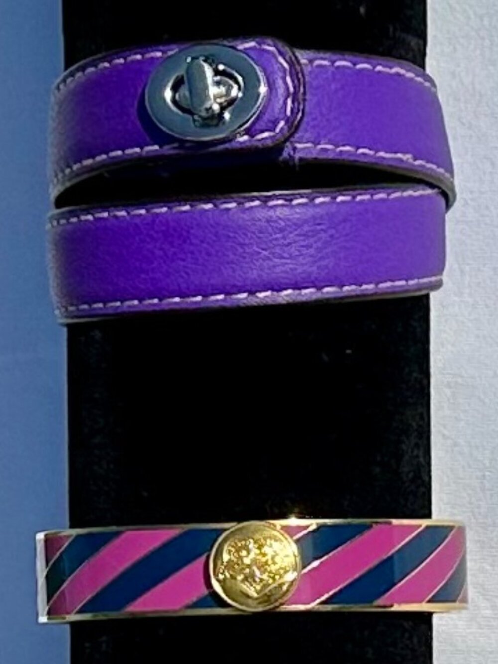 NEW - 2 COACH Bracelets Purple Leather Double Wrap with Turnlock & Purple Enamel